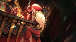 Rule 34 | 1boy, 1girl, 1other, ashtray, backless dress, backless outfit, bar (place), bottle, breasts, dress, flower, from behind, gisuka yan, glass, gloves, half-closed eyes, hands in pockets, highres, indoors, medium breasts, original, red hair, red lips, short hair, sitting, smoking, standing, stool, yellow eyes
