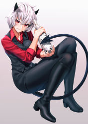 Rule 34 | 1girl, alcohol, black horns, black pantyhose, black vest, blush, boots, breasts, collared shirt, commentary, demon girl, demon horns, demon tail, formal, helltaker, highres, horns, knee boots, large breasts, looking at viewer, malina (helltaker), pantyhose, red eyes, red shirt, shirt, short hair, simple background, solo, tail, vest, waistcoat, white hair, yoiyoi uru