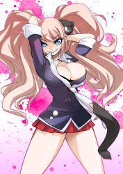 Rule 34 | 10s, 1girl, arms behind head, arms up, black bra, blood, blue eyes, bra, breasts, bursting breasts, cleavage, danganronpa: trigger happy havoc, danganronpa (series), enoshima junko, grin, hair ornament, lace, lace-trimmed bra, lace trim, large breasts, legs, long hair, long legs, md5 mismatch, miniskirt, monokuma, muramasa mikado, necktie, pink blood, pink hair, pleated skirt, school uniform, skirt, sleeves rolled up, smile, spoilers, thighs, twintails, underwear
