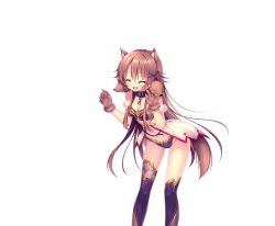 Rule 34 | 1girl, ^ ^, animal ears, broken, broken chain, brown gloves, brown hair, cerberus (dragon providence), chain, collar, dragon providence, closed eyes, gloves, hair ornament, kerberos (dragon providence), leaning forward, long hair, midriff, official art, open mouth, solo, standing, thighhighs, transparent background, x hair ornament
