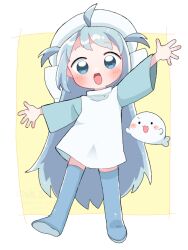 Rule 34 | 1girl, ahoge, blue eyes, blue footwear, blue hair, blush, boots, border, borrowed character, full body, hand up, hat, long hair, long sleeves, looking at viewer, nakajima lupus, open mouth, original, outside border, paid reward available, shirt, smile, solo, standing, thigh boots, thighhighs, two side up, very long hair, white border, white hat, white shirt, yellow background, zettai ryouiki