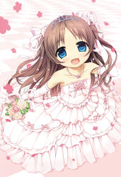 Rule 34 | 1girl, :d, absurdres, bare shoulders, blue eyes, blush, bouquet, bow, bride, brown hair, checkered floor, collarbone, cura, dress, elbow gloves, flower, full body, gloves, hair ribbon, head tilt, highres, holding, holding bouquet, jewelry, long hair, looking at viewer, monobeno, necklace, open mouth, pearl necklace, petals, pink bow, pink dress, pink gloves, pink ribbon, ribbon, sawai natsuha, see-through, shoes, smile, solo, standing, strapless, strapless dress, tiara, two side up, very long hair, wedding dress