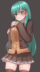 Rule 34 | 1girl, aqua eyes, aqua hair, black background, blazer, brown cardigan, brown jacket, brown skirt, brown thighhighs, cardigan, commentary request, disgust, frilled skirt, frills, glaring, hair ornament, hairclip, highres, jacket, kantai collection, long hair, long sleeves, looking at viewer, open clothes, open jacket, pleated skirt, school uniform, shaded face, simple background, skirt, solo, suzuya (kancolle), tears, teeth, thighhighs, tiemu (man190)