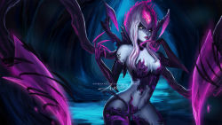 Rule 34 | 1girl, anastasia (asteltainn), blue skin, breasts, claws, cleavage, colored skin, darkness, evelynn (league of legends), fiery hair, hand to own mouth, highres, league of legends, looking to the side, medium breasts, multicolored hair, navel, patreon username, sidelocks, signature, slit pupils, solo, tentacles, white hair, yellow eyes