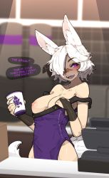 Rule 34 | 1girl, aio fuwamiya (shuuko), animal ear fluff, animal ears, bare shoulders, blurry, blurry background, breasts, breasts out, brown gloves, cash register, cowboy shot, cup, dress, english text, fangs, female focus, fingerless gloves, fox ears, fox girl, fox tail, gloves, hair over one eye, highres, holding, holding cup, iced latte with breast milk (meme), large breasts, meme, nipples, off shoulder, one breast out, one eye covered, original, purple dress, scar, scar on face, shuuko (s h uuko), smile, solo, speech bubble, tail, teeth