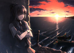 Rule 34 | 10s, 1girl, aircraft, airplane, barbed wire, blue eyes, cloud, crossed arms, gloves, hair ornament, hetza (hellshock), kantai collection, leaning, lighthouse, neck ribbon, ocean, personification, pink hair, ponytail, ribbon, school uniform, seaplane, shiranui (kancolle), short hair, short sleeves, skirt, sky, solo, sunset, water