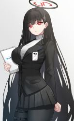 Rule 34 | 1girl, absurdres, black jacket, black pantyhose, black skirt, blazer, blue archive, blunt bangs, breasts, fingernails, gradient background, grey background, hair ornament, hairclip, halo, highres, holding, holding notepad, jacket, kano (wi3028), large breasts, long hair, long sleeves, looking at viewer, notepad, pantyhose, red eyes, rio (blue archive), skirt, solo, sweater, turtleneck, turtleneck sweater, very long hair, white sweater