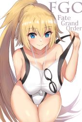 Rule 34 | 1girl, akatsuki ikki, arm behind back, bent over, blonde hair, breasts, cleavage, collarbone, competition swimsuit, copyright name, cowboy shot, fate/grand order, fate (series), glasses, highres, jeanne d&#039;arc (fate), jeanne d&#039;arc (ruler) (fate), jeanne d&#039;arc (swimsuit archer) (fate), jeanne d&#039;arc (swimsuit archer) (second ascension) (fate), large breasts, long hair, looking at viewer, one-piece swimsuit, ponytail, smile, solo, strap lift, swimsuit, very long hair, whistle, whistle around neck, white background, white one-piece swimsuit