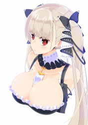 Rule 34 | 1girl, azur lane, between breasts, blush, bow, breasts, brown eyes, choker, cleavage, closed mouth, commentary request, formidable (azur lane), grey hair, hair bow, highres, hujikok, large breasts, long hair, looking at another, neckwear between breasts, simple background, solo, twintails, white background