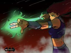 Rule 34 | 1girl, aiming, armband, arrow (projectile), artist name, colored skin, comic panel redraw, crop top, dc comics, derivative work, flaming weapon, gauntlets, highres, jujutsu kaisen, logo, long hair, obidrawsbad, orange skin, red hair, signature, simple background, skirt, solo, starfire, teen titans, upper body