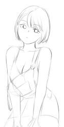 Rule 34 | 1girl, agent aika, aika (series), alternate costume, azelweien, bad id, bad pixiv id, bare shoulders, black delmo, bra, breasts, cleavage, collarbone, greyscale, looking at viewer, monochrome, overalls, parted lips, short hair, sketch, strap slip, traditional media, underwear, yuki (agent aika)