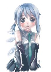 Rule 34 | 1girl, alternate costume, alternate hairstyle, bare shoulders, blue eyes, blue hair, blush, cirno, cosplay, detached sleeves, hair bobbles, hair ornament, hatsune miku, hatsune miku (cosplay), matching hair/eyes, necktie, oekaki, open mouth, shift (waage), shirt, skirt, solo, touhou, twintails, v arms, vocaloid, wings