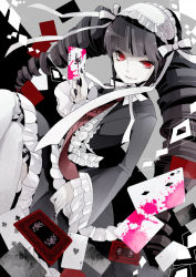 Rule 34 | 10s, 1girl, bati15, black hair, black nails, blood, bonnet, card, celestia ludenberg, colored blood, danganronpa: trigger happy havoc, danganronpa (series), dress, drill hair, frills, gothic lolita, grin, hairband, lolita fashion, lolita hairband, long hair, nail polish, necktie, pink blood, playing card, red eyes, smile, solo, thighhighs, twin drills, twintails