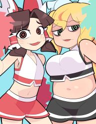 Rule 34 | 2girls, alternate costume, armpits, arms up, bags under eyes, benikurage (cookie), black skirt, blonde hair, blue background, bow, breasts, brown hair, cheerleader, commentary request, cookie (touhou), cowboy shot, crop top, facial mark, flat chest, frilled bow, frilled hair tubes, frills, green eyes, hair bow, hair tubes, hakurei reimu, hospital king, kirisame marisa, large breasts, long hair, looking at viewer, mars (cookie), medium hair, midriff, miniskirt, multiple girls, navel, open mouth, parted bangs, plump, pom pom (cheerleading), ponytail, red bow, red eyes, red skirt, ringed eyes, shirt, simple background, skirt, small breasts, smile, touhou, wavy mouth, whisker markings, white bow, white shirt