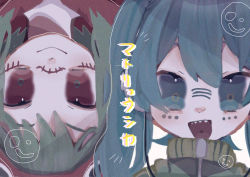 2girls :d ammmt blue_eyes blue_hair earbuds earphones facial_mark green_hair gumi hatsune_miku hood hood_up hoodie jacket long_hair matryoshka_(vocaloid) multiple_girls open_mouth red_eyes sharp_teeth short_hair smile smiley_face teeth track_jacket translation_request twintails upside-down vocaloid