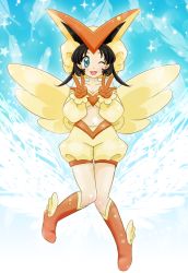 Rule 34 | 1girl, ;d, aqua eyes, baggy shorts, bikini, bikini top only, black hair, blue background, boots, breasts, chikorita85, creatures (company), detached sleeves, double v, feathers, female focus, foot wings, full body, game freak, gen 5 pokemon, gloves, hat, knees together feet apart, legendary pokemon, midriff, mythical pokemon, navel, nintendo, one eye closed, open mouth, parted bangs, personification, pokemon, pokemon bw, pokemon ears, raised hands, small breasts, smile, star (symbol), starry background, swimsuit, v, victini, wings