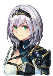 Rule 34 | 1girl, armor, belt, braid, breastplate, breasts, cleavage, cleavage cutout, closed mouth, clothing cutout, collared shirt, green eyes, hairband, hololive, hungry clicker, looking at viewer, medium breasts, medium hair, pauldrons, red pupils, shirogane noel, shirogane noel (1st costume), shirt, shoulder armor, side braid, silver hair, simple background, single pauldron, smile, solo, upper body, virtual youtuber, white background, wing collar