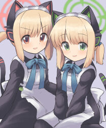 Rule 34 | 2girls, :d, animal ear headphones, animal ears, apron, between legs, black dress, blonde hair, blue archive, blue bow, bow, collared dress, commentary request, dress, fake animal ears, green eyes, grey background, halo, hand between legs, headphones, highres, long sleeves, m.m, maid, maid apron, maid headdress, midori (blue archive), midori (maid) (blue archive), momoi (blue archive), momoi (maid) (blue archive), multiple girls, open mouth, puffy long sleeves, puffy sleeves, red eyes, siblings, sidelocks, simple background, sisters, smile, tail, twins, twintails, v-shaped eyebrows, white apron