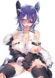 Rule 34 | 1girl, black thighhighs, blush, breasts, eyepatch, fur-trimmed jacket, fur trim, gloves, hair between eyes, headgear, huge breasts, jacket, kantai collection, kogai no nanigashi, long sleeves, nipples, open mouth, partially fingerless gloves, purple hair, pussy juice, school uniform, shirt, short hair, simple background, sitting, solo, tenryuu (kancolle), tenryuu kai ni (kancolle), thighhighs, torn clothes, torn shirt, torn thighhighs, wariza, white background, winter clothes, yellow eyes
