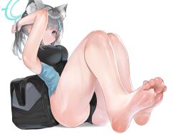 Rule 34 | 1girl, animal ear fluff, animal ears, bag, barefoot, black one-piece swimsuit, blue archive, blue eyes, blue one-piece swimsuit, blunt bangs, cross hair ornament, dokomon, feet, foot focus, full body, grey hair, hair ornament, halo, highres, knees up, legs, one-piece swimsuit, shiroko (blue archive), shiroko (swimsuit) (blue archive), simple background, sitting, soles, solo, swimsuit, toes, two-tone swimsuit, white background, wolf ears
