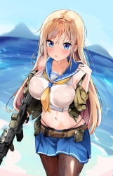 Rule 34 | 1girl, absurdres, bare shoulders, belt, belt pouch, black panties, blonde hair, blue eyes, blue skirt, blush, breasts, brown pantyhose, camouflage, camouflage jacket, commission, cowboy shot, crop top, day, frown, green jacket, gun, hand up, hido (cherryhido), highres, holding, holding gun, holding weapon, jacket, large breasts, long hair, long sleeves, looking at viewer, midriff, miniskirt, navel, neckerchief, no bra, ocean, off shoulder, open clothes, open jacket, open mouth, original, outdoors, panties, pantyhose, pixiv commission, pleated skirt, pouch, sailor collar, school uniform, see-through, serafuku, shirt, skirt, sleeveless, sleeveless shirt, solo, standing, stomach, string panties, taut clothes, taut shirt, underwear, v-shaped eyebrows, water, weapon, wet, wet clothes, wet pantyhose, wet shirt, white shirt
