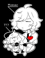 Rule 34 | :3, ?, ??, androgynous, arrow (symbol), azuma aya, black background, commentary request, cosplay, dot nose, english text, eyeball, closed eyes, frisk (undertale), gender request, greyscale, hat, hat ribbon, heart, heart of string, holding, kirisame marisa, komeiji koishi, komeiji koishi (cosplay), monochrome, no headwear, no headwear, one eye closed, open mouth, ribbon, spot color, sweat, temmie, third eye, touhou, undertale