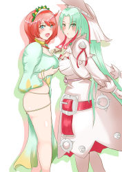 Rule 34 | 2girls, ahoge, aqua eyes, aqua hair, arc system works, artist request, ass, blue eyes, blush, bracelet, breasts, bridal veil, choker, cosplay, costume switch, crossover, dress, elphelt valentine, elphelt valentine (cosplay), gloves, grune (tales), grune (tales) (cosplay), guilty gear, guilty gear xrd, highres, huge breasts, jewelry, large breasts, long hair, looking at viewer, multiple girls, open mouth, parted lips, red hair, ribbon, shiny skin, short hair, sideboob, smile, spikes, tales of (series), tales of legendia, veil, wedding dress, white dress