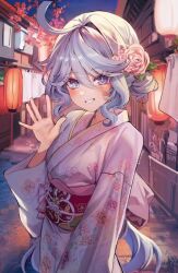 Rule 34 | 1girl, ahoge, alternate costume, artist name, blue eyes, blue hair, blush, cityscape, clenched teeth, dasha, flower, furina (genshin impact), genshin impact, hair between eyes, hair flower, hair ornament, heterochromia, highres, japanese clothes, kimono, lamppost, light, light blue hair, long hair, long sleeves, looking at viewer, multicolored hair, night, night sky, outdoors, sidelocks, sky, smile, solo, teeth, upper body, waving, window