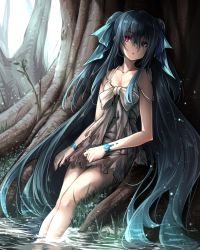 Rule 34 | 1girl, :o, blue hair, fantasy, full body, grass, hair between eyes, hair ribbon, head tilt, highres, long hair, looking at viewer, parted lips, red eyes, ribbon, shaded face, sidelocks, sitting, solo, torn clothes, tree, twintails, usuki (graygreed), very long hair, water