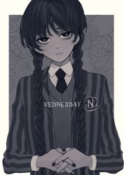 Rule 34 | 1girl, absurdres, addams family, animification, arata (user jjxc7843), bags under eyes, black eyes, black hair, black nails, black necktie, border, braid, bright pupils, collared shirt, copyright name, floral background, grey background, highres, interlocked fingers, jacket, long hair, necktie, outside border, shirt, solo, striped clothes, striped jacket, twin braids, vertical-striped clothes, vertical-striped jacket, vest, wednesday (netflix), wednesday addams, white border, white pupils