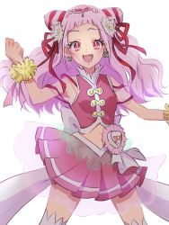 Rule 34 | 1girl, :d, commentary request, cure yell, earrings, eyelashes, fpminnie1, hair ornament, hair ribbon, happy, highres, hugtto! precure, jewelry, long hair, looking at viewer, magical girl, midriff, nono hana, open mouth, pink eyes, pink hair, pink skirt, pink theme, precure, ribbon, simple background, sketch, skirt, smile, solo, standing, thighhighs, white background, wrist cuffs