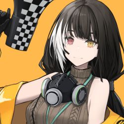 Rule 34 | 1girl, black hair, breasts, commentary request, gas mask, girls&#039; frontline, headset, heterochromia, holding, holding megaphone, jacket, jacket over shoulder, unworn jacket, lanyard, large breasts, long hair, mask, mask around neck, megaphone, mikoto (oi plus), mod3 (girls&#039; frontline), multicolored hair, red eyes, ro635 (girls&#039; frontline), sleeveless, sleeveless sweater, smile, solo, streaked hair, sweater, white hair, yellow background, yellow eyes, yellow jacket