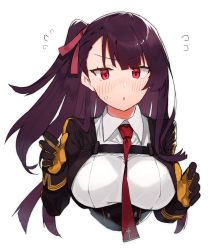 Rule 34 | 1girl, bad id, bad pixiv id, blush, breasts, commentary request, cropped torso, flying sweatdrops, girls&#039; frontline, gloves, hair ribbon, hands up, large breasts, long hair, looking at viewer, necktie, one side up, parted lips, purple hair, red eyes, red necktie, red ribbon, ribbon, shirt, simple background, solo, suminagashi, upper body, wa2000 (girls&#039; frontline), white background, white shirt