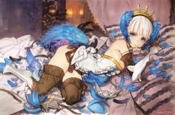 Rule 34 | 1girl, armlet, armor, unworn armor, armored dress, bare shoulders, bed, belt, blue eyes, boots, breasts, canopy bed, choker, cleavage, commentary request, crown, curtains, dated, dress, elbow gloves, feathers, gloves, greaves, gwendolyn (odin sphere), head wings, highres, leg wings, looking at viewer, low wings, lying, medium breasts, multicolored wings, odin sphere, on side, ooyari ashito, parted lips, pillow, short hair, signature, solo, strapless, strapless dress, thigh boots, thighhighs, white hair, wings