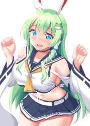 Rule 34 | 1girl, ayanami (azur lane), ayanami (azur lane) (cosplay), azur lane, bare shoulders, belt, black choker, blue eyes, blue sailor collar, blue skirt, blush, breasts, choker, collarbone, commentary request, cosplay, cowboy shot, crop top, detached sleeves, frog hair ornament, green hair, hair between eyes, hair ornament, hair tubes, headgear, kochiya sanae, large breasts, long hair, looking at viewer, miniskirt, navel, neckerchief, open mouth, paid reward available, pleated skirt, retrofit (azur lane), sailor collar, shirt, sideboob, sidelocks, simple background, skindentation, skirt, sleeveless, sleeveless shirt, snake hair ornament, solo, standing, stomach, thighhighs, tokyo yamane, touhou, w arms, white background, white belt, white shirt, white sleeves, white thighhighs, wide hips, yellow neckerchief, zettai ryouiki