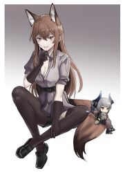 Rule 34 | 2girls, absurdres, animal ears, arknights, bestramos, black footwear, black gloves, black legwear, breasts, brown eyes, brown hair, chibi, cleavage, commentary request, dress, fox ears, fox tail, franka (arknights), gloves, gradient background, grey background, grey dress, grey hair, grin, hair between eyes, hand up, highres, horns, liskarm (arknights), loafers, long hair, looking at viewer, mini person, minigirl, multiple girls, ponytail, shoes, short dress, short sleeves, single leg pantyhose, single thighhigh, sitting on tail, smile, tail, thighhighs, white background