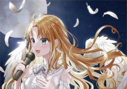Rule 34 | 1girl, bare shoulders, blonde hair, bukkuming, collar, detached sleeves, feathered wings, feathers, fingernails, floating hair, frilled collar, frills, full moon, full moon wo sagashite, hand on own chest, kouyama mitsuki, long hair, microphone, moon, music, night, open mouth, parted bangs, singing, solo, teeth, upper body, white feathers, white wings, wind, wings