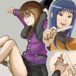 Rule 34 | 3girls, anus, between legs, black eyes, black hair, black shirt, black undershirt, blush, braid, brown eyes, brown footwear, brown hair, bullying, cardigan, commentary, constricted pupils, frown, grimace, hand between legs, hand on another&#039;s crotch, hand on another&#039;s leg, holding, holding test tube, honda aki (narutaru), imminent penetration, kaizuka hiroko, knees up, locked arms, long hair, low twin braids, lowres, molestation, multiple girls, multiple views, narutaru, oekaki, open mouth, outstretched arms, pixel art, purple cardigan, pussy, pussy juice, restrained, scared, shirt, sitting, sketch, skirt, smile, spoilers, spread pussy, sweat, sweatdrop, teeth, test tube, turtleneck, twin braids, udon bokuya, upper teeth only