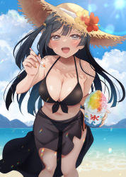 Rule 34 | 1girl, :d, absurdres, beach, bikini, black bikini, black hair, black sarong, blue sky, blush, bowl, breasts, cleavage, cloud, collarbone, cup, day, disposable cup, dot nose, flower, food, glint, grey eyes, hat, hat flower, highres, holding, holding bowl, holding cup, holding food, incoming food, leaning forward, long hair, love live!, love live! nijigasaki high school idol club, mountain, navel, ocean, one side up, open mouth, outdoors, pukonuu, sand, sarong, see-through sarong, shaved ice, sky, smile, solo, spoon straw, straw hat, sun hat, sunlight, swimsuit, water, yuki setsuna (love live!)
