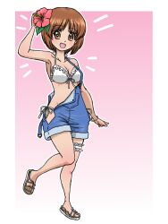 1girl bikini breasts brown_eyes brown_hair collarbone dated denim denim_overalls denim_shorts flip-flops girls_und_panzer happy_birthday jeans nishizumi_miho overalls pants sandals short_hair shorts swimsuit swimsuit_under_clothes takahashi_kurage white_bikini