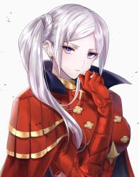 Rule 34 | 123asase, 1girl, alternate hairstyle, armor, black gloves, cape, edelgard von hresvelg, fire emblem, fire emblem: three houses, gloves, highres, long hair, looking at viewer, nintendo, playing with own hair, purple eyes, red cape, red gloves, side ponytail, simple background, solo, white background, white hair