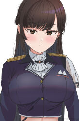 Rule 34 | 1girl, ascot, blush, breasts, brown eyes, brown hair, closed mouth, commentary, crop top, cropped jacket, earrings, epaulettes, goddess of victory: nikke, highres, jacket, jewelry, large breasts, long hair, long sleeves, looking at viewer, marciana (nikke), marurenkon, midriff, military jacket, military uniform, simple background, single sidelock, solo, standing, twitter username, uniform, upper body, white ascot, white background