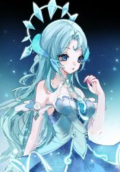 Rule 34 | 1girl, bare shoulders, beads, blue dress, blue eyes, blue hair, blue halo, detached sleeves, douluo dalu, dress, fins, fish tail, from side, gradient background, hair ornament, halo, highres, jewelry, long hair, parted lips, pink nails, solo, tail, tang wutong (douluo dalu), upper body, yao laoban