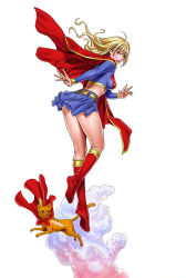 Rule 34 | 1girl, :d, ahoge, animification, back, belt, blonde hair, blush, boots, breasts, cape, cat, cloud, crop top, dc comics, fingernails, floating hair, flying, from behind, from side, knee boots, kneepits, kryptonian, leaning forward, leg lift, lipstick, long fingernails, long hair, looking at viewer, looking back, makeup, midriff, miniskirt, open mouth, outstretched arm, pleated skirt, red cape, red legwear, shirt, simple background, skin tight, skirt, smile, streaky, streaky the supercat, supergirl, superhero costume, superman (series), thighs, white background, wind, yamashita shun&#039;ya