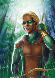 Rule 34 | 1boy, archer (fate), arrow (projectile), blonde hair, bow (weapon), cape, connor hawke, dark skin, dc comics, domino mask, fate (series), forest, gloves, green arrow (series), male focus, marksman, mask, nature, outdoors, quiver, rain, solo, tree, vambraces, weapon, wet