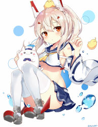Rule 34 | 1girl, animal, ass, ayanami (azur lane), azur lane, bandaid, bare shoulders, bird, blonde hair, blue sailor collar, blue skirt, blush, breasts, chick, convenient leg, crop top, crop top overhang, detached sleeves, hair between eyes, hair ornament, hand up, headgear, knees up, long hair, long sleeves, looking at viewer, meowficer (azur lane), midriff, miniskirt, myuton, parted lips, ponytail, red eyes, remodel (azur lane), rudder footwear, sailor collar, shirt, shoes, sidelocks, simple background, skirt, small breasts, solo, thighhighs, twitter username, underboob, water, white background, white shirt, white thighhighs, wide sleeves, yellow neckwear