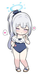 Rule 34 | 1girl, black bow, blue archive, blue one-piece swimsuit, bow, brown footwear, chibi, commentary request, condom, condom wrapper, covered navel, frilled one-piece swimsuit, frills, full body, grey hair, hair bow, half-closed eyes, halo, heart, heart-shaped pupils, highres, holding, holding condom, long hair, looking at viewer, miyako (blue archive), miyako (swimsuit) (blue archive), nyaru (nyaru 4126), off-shoulder one-piece swimsuit, off shoulder, official alternate costume, one-piece swimsuit, parted lips, ponytail, purple eyes, sandals, simple background, solo, spoken heart, standing, swimsuit, symbol-shaped pupils, very long hair, white background