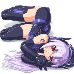 Rule 34 | 10s, 1girl, bad id, bad pixiv id, busou shinki, dd (ijigendd), doll joints, elbow gloves, gloves, joints, light purple hair, long hair, lying, on side, red eyes, solo, tempesta, thighhighs