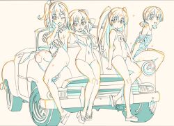 Rule 34 | 4girls, bikini, breasts, car, character request, color trace, expressionless, flat chest, fujii shingo, full body, large breasts, long hair, looking at viewer, motor vehicle, multiple girls, name tag, navel, one-piece swimsuit, open mouth, pastel memories, sailor collar, sandals, school swimsuit, short hair, short twintails, smile, swimsuit, twintails, vehicle request