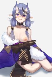 Rule 34 | 1girl, blush, breasts, choker, collarbone, crossed legs, fang, highres, horns, long hair, looking at viewer, medium breasts, mikamata, mole, nijisanji, off shoulder, one breast out, oni, pointy ears, purple eyes, purple hair, rindou mikoto, shadow, simple background, skin-covered horns, skin fang, solo, thick eyebrows, twintails, virtual youtuber, white background